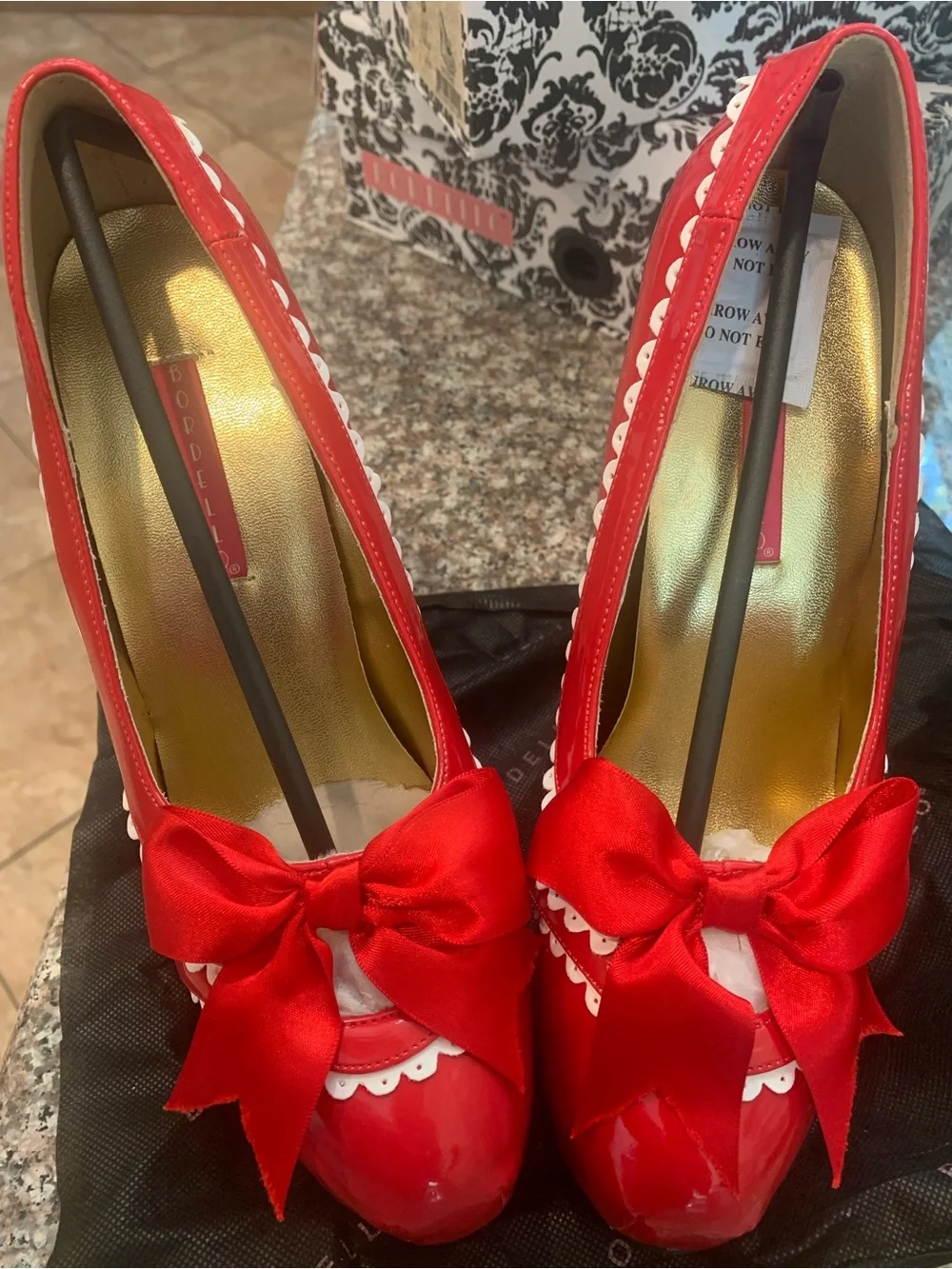 Pleaser Red Patent Platform Pumps with White Scallop Trim and Bow